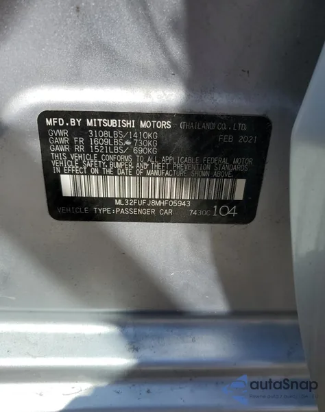 2021 Mitsubishi Mirage G4 Es из США, поврежденный, VIN ML32FUFJ8MHF05943